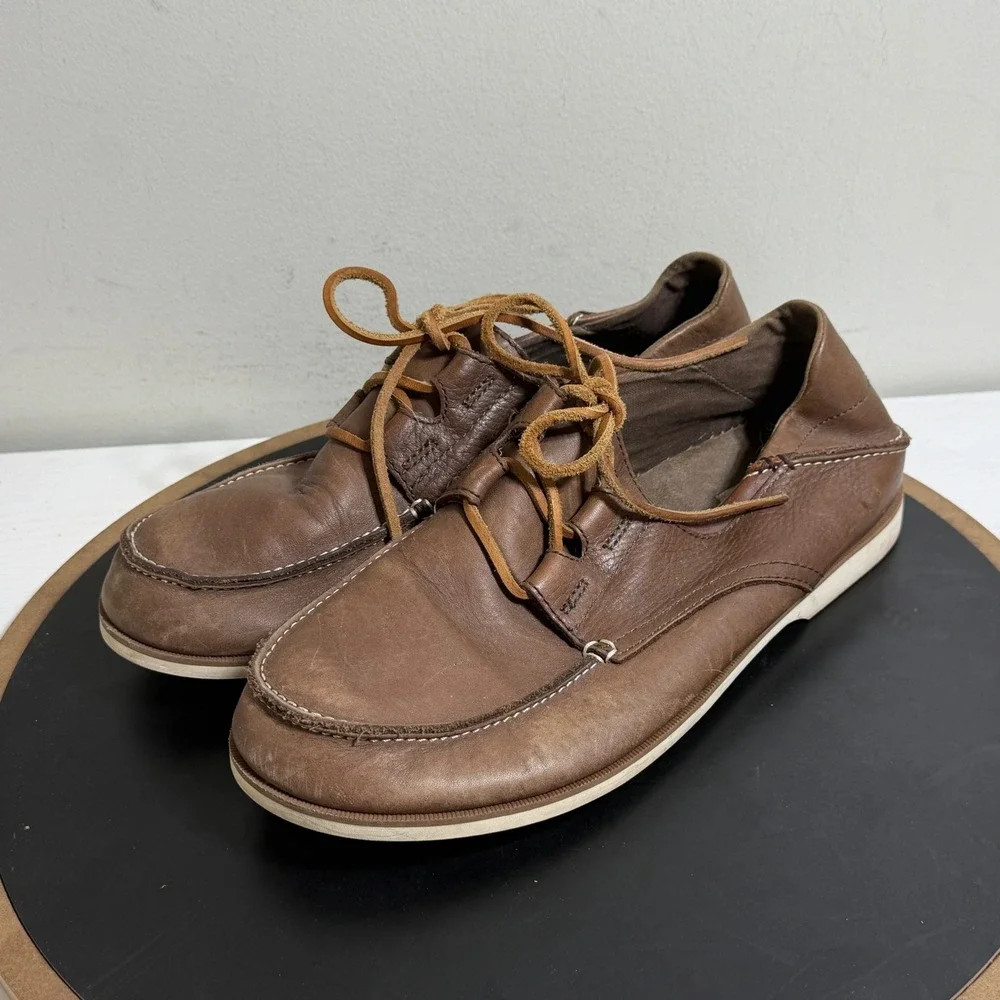 OluKai Mokua Leather Shoes Men 10 Casual‎ Boat Moc Toe Brown Comfort